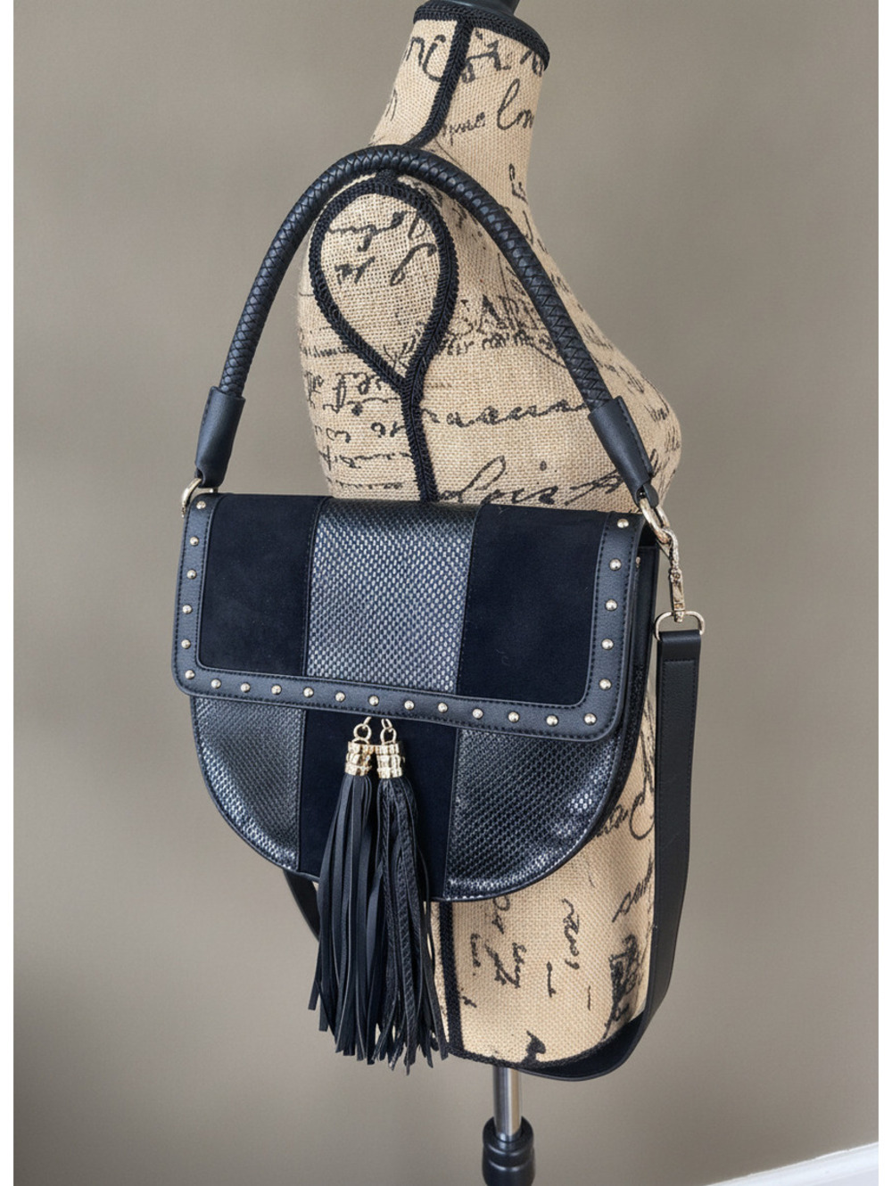 Alex Max Black Patchwork Studded Shoulder Bag Crossbody Purse Suede Accents